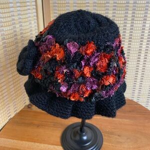 Handmade Black Knit Hat With Colorful Floral Accents